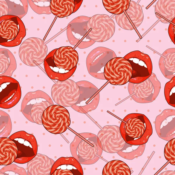 糖果和嘴唇的抽象粉红色无缝背景. — 图库矢量图片