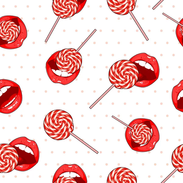 Abstrakte weiße nahtlose Hintergrund von Süßigkeiten und Lippen. — Stockvektor