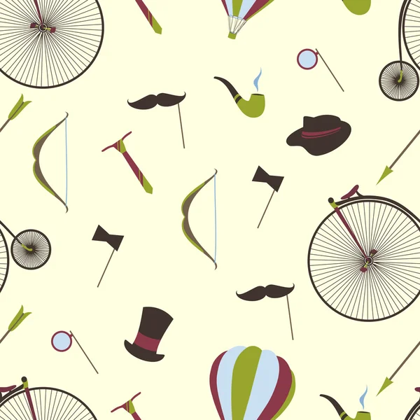 Fahrräder, Schnurrbärte, Ball, Pfeil, nahtloser Hintergrund. — Stockvektor
