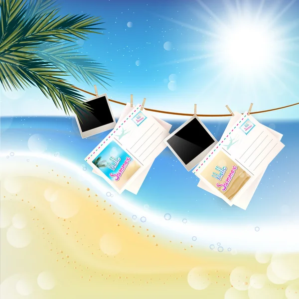 Día de verano tropical soleado con fotos y cartas colgadas — Vector de stock