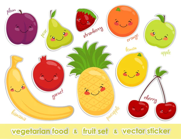 Image vectorielle des étiquettes nourriture végétarienne, fruits joyeux . — Image vectorielle