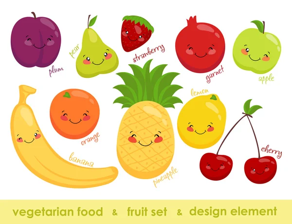 Vector image of vegetarian food. Cheerful fruit. Vitamins in foo — Stock Vector