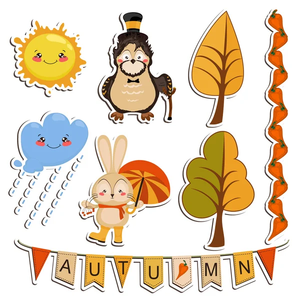 Conjunto vectorial de dibujos animados, animales divertidos, bosque de otoño — Archivo Imágenes Vectoriales