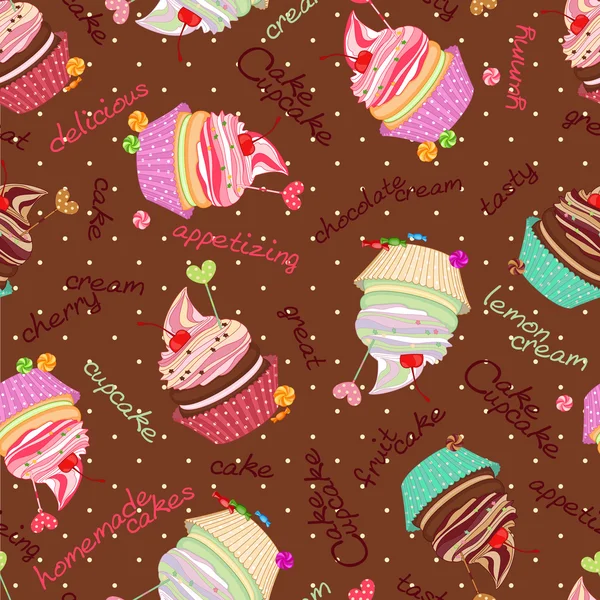 Fundo de chocolate composto de deliciosos bolos e cupcakes . — Vetor de Stock