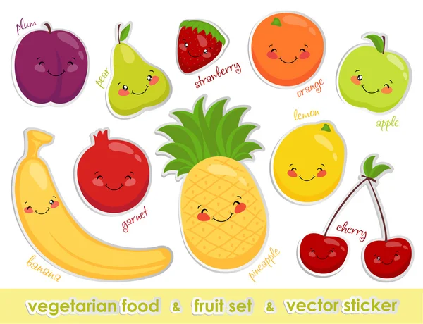Grafika wektorowa wegetariańskie etykiety, wesoła link owoce. — Wektor stockowy