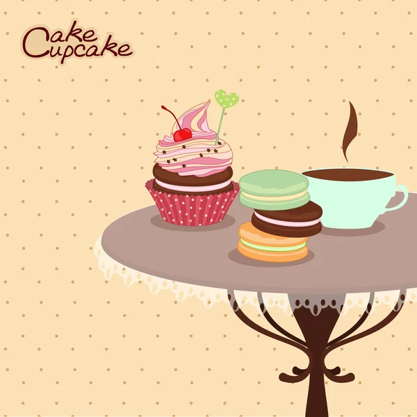 Kupa kahve, pasta ve şekerlemeler, tatlılar, tatlılar, bir yuvarlak masada ekmek yapım ürünleri. — Stok Vektör