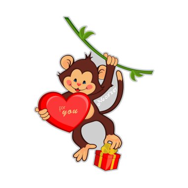  illustration of funny monkey with a big heart and gift.