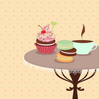 Bakery products on a round table with a mug of coffee,confection