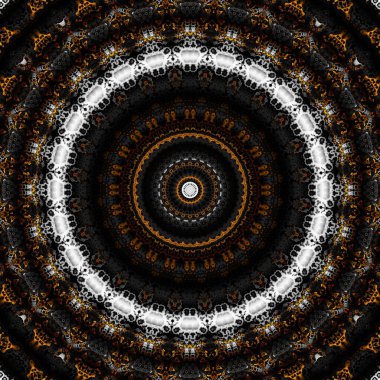 Soyut dijital fraktal model. Yuvarlak mandala dekoratif desen. Siyah arkaplanda altın desen.