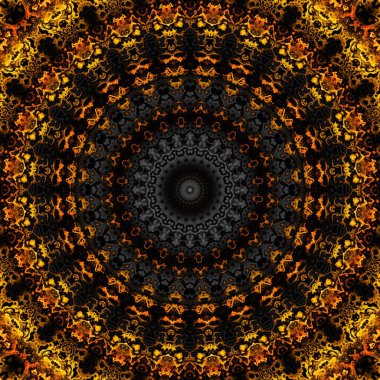 Soyut dijital fraktal model. Yuvarlak mandala dekoratif desen. Siyah arkaplanda altın desen.