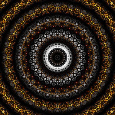 Soyut dijital fraktal model. Yuvarlak mandala dekoratif desen. Siyah arkaplanda altın desen.