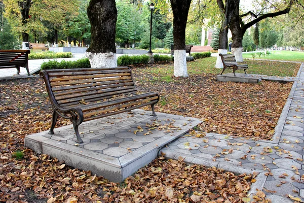 Bench in het najaarspark. Herfstlandschap. Eenzaamheid — Stockfoto