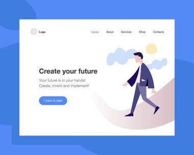 Sitenin konsept başkanı şirketi uzay, promosyon, ev sahipliği veya diğer alanlara açacaktır. İniş sayfası şablonu. Takım elbiseli yürüyen bir adamla Isometric vektör çizimi.
