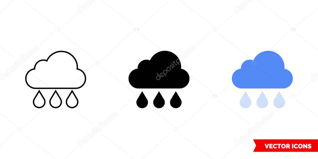Cloud with rain icon of 3 types. Isolated vector sign symbol.