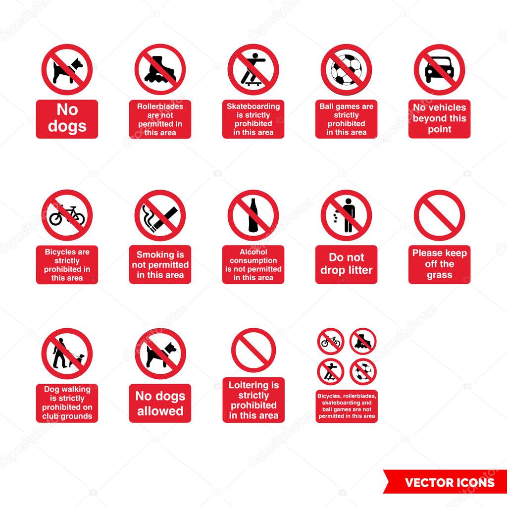 Community safety prohibitory signs icon set of color types. Icon pack. Isolated vector sign symbols.