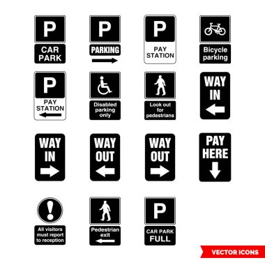 Siyah ve beyaz türlerinden oluşan park bilgisi simgesi seti. Simge paketi. İzole vektör işareti sembolleri.
