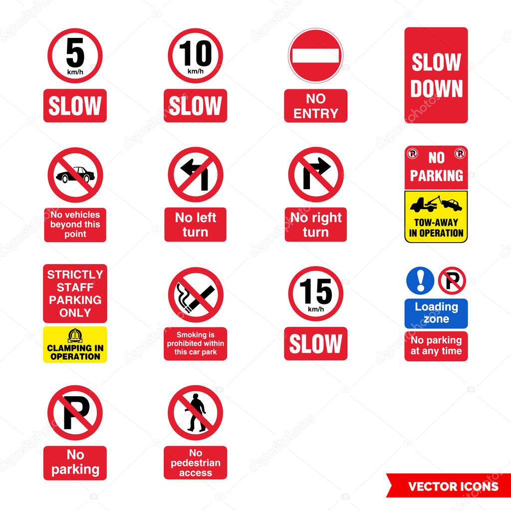 Car park prohibitory signs icon set of color types. Icon pack. Isolated vector sign symbols.