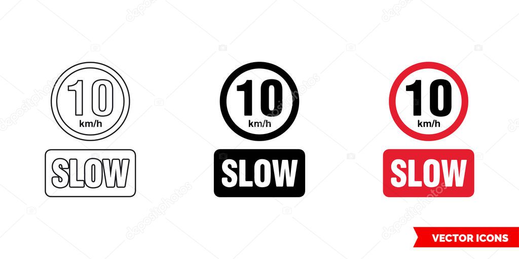 Lento 10 km-h signo de prohibición icono de 3 tipos. Signo vectorial ...
