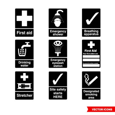 İlk yardım ve güvenli durum simgeleri siyah beyaz tipler. İzole vektör işareti simgeleri. Simge paketi.