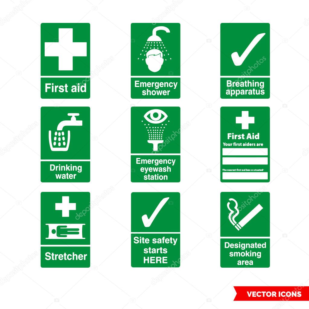 First aid and safe condition signs icon set of color types.Isolated vector sign symbols. Icon pack.