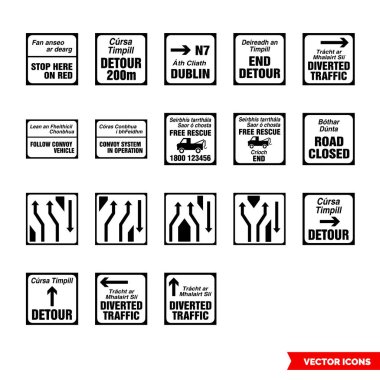 Yol çalışması simgesi simgeleri siyah beyaz tipler. İzole vektör işareti simgeleri. Simge paketi.