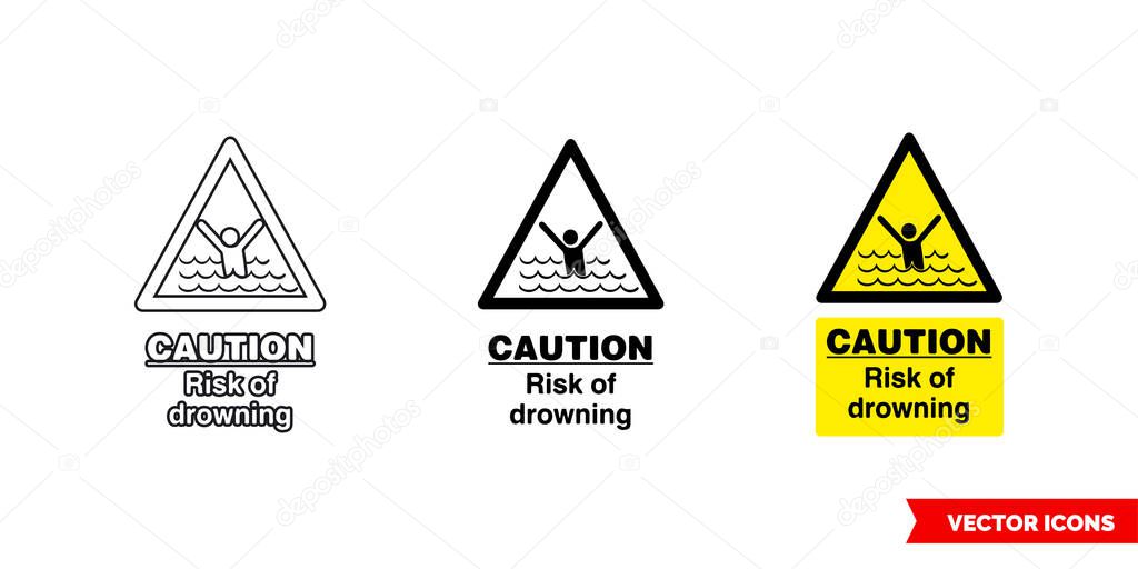 Caution risk of drowning hazard sign icon of 3 types color, black and white, outline. Isolated vector sign symbol.