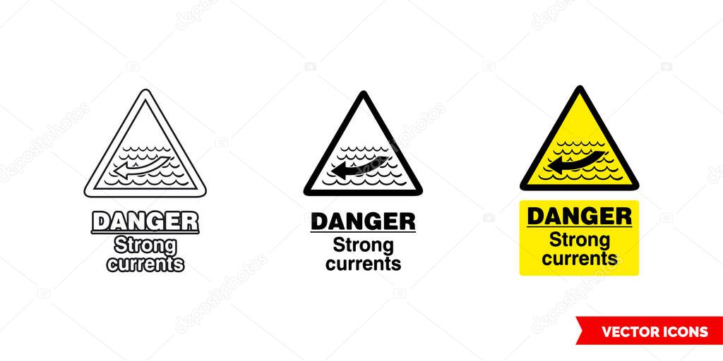 Danger strong currents hazard sign icon of 3 types color, black and white, outline. Isolated vector sign symbol.