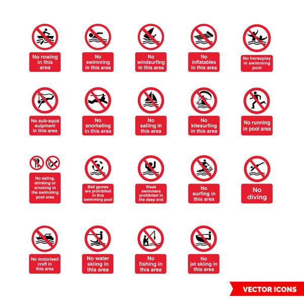 Water safety prohibitory signs icon set of color types. Isolated vector sign symbols.Icon pack.