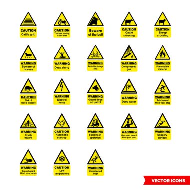 Farm safety hazard signs icon set of color types. Isolated vector sign symbols. Icon pack. clipart