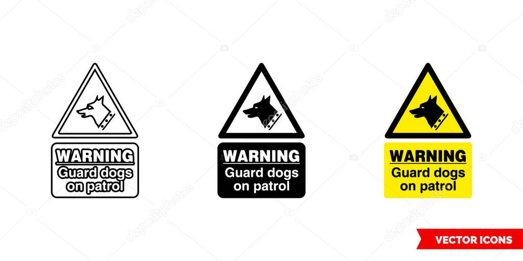 Warning guard dogs on patrol hazard sign icon of 3 types color, black and white, outline. Isolated vector sign symbol.
