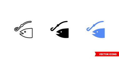 Harita sembol balıkçılık simgesi 3 tür renk, siyah ve beyaz, dış hat. İzole vektör işareti sembolü.