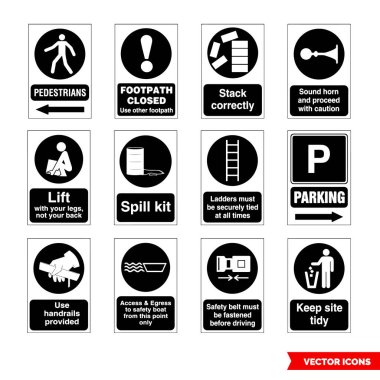 Construction mandatory signs icon set of black and white types. Isolated vector sign symbols.Icon pack. clipart