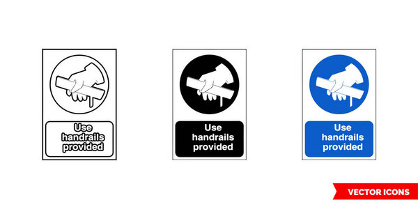 Construction mandatory sign use handrails provided icon of 3 types color, black and white, outline.Isolated vector sign symbol.