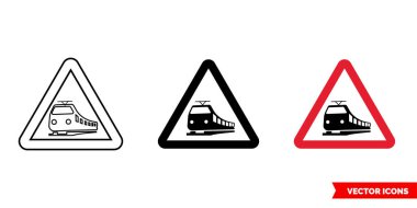 Demiryolu simgesinin 3 farklı renkten geçtiğine dair uyarı işareti, siyah ve beyaz, dış hat. İzole vektör işareti..