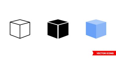 3 tipli 3 boyutlu küp simgesi, siyah ve beyaz, dış hatlar. İzole vektör işareti sembolü.