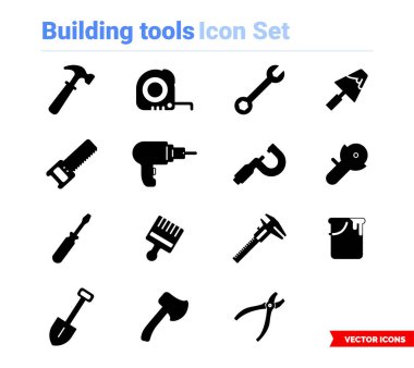 Yapı araçları simgesi siyah ve beyaz yazı dizisi. Simge paketi. İzole vektör sembolleri. Simge paketi.
