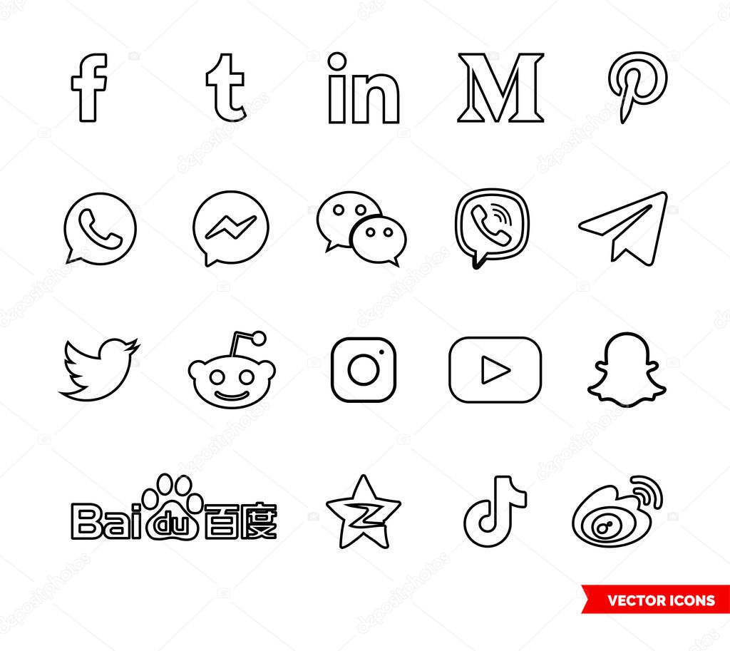 Social network icon set of outline types. Icon pack. Isolated vector sign symbols.