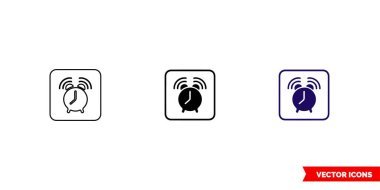 Alarm saat simgesi 3 tip renk, siyah ve beyaz, dış hat. İzole vektör işareti sembolü.