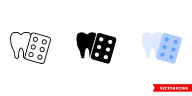 Diş ve hap ikonu 3 tip renk, siyah ve beyaz, dış hat. İzole vektör işareti..