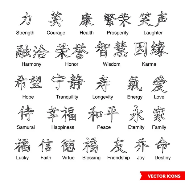 Çin sembolleri, dövme bileziği, taslak tipleri. İzole vektör işareti simgeleri. Simge paketi.