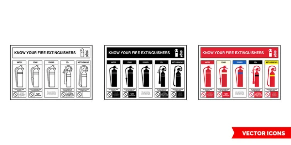 Yangın söndürücülerinizi bilin yangın söndürücü id simgesi 3 çeşit siyah beyaz, dış hat. İzole vektör işareti..