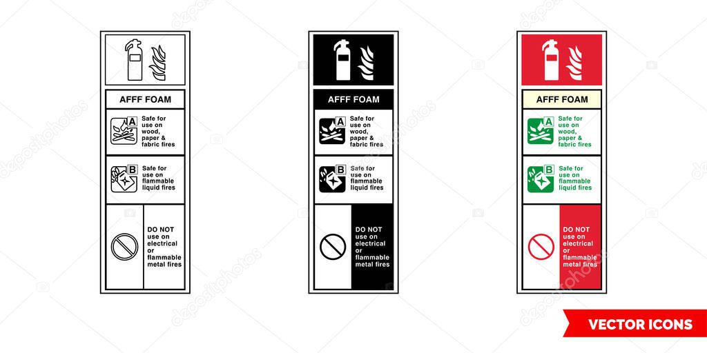 Afff foam fire extinguisher id sign icon of 3 types color, black and white, outline.Isolated vector sign symbol.