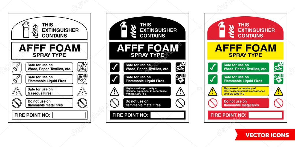 This extinguisher contains afff foam spray type fire extinguisher id sign icon of 3 types color, black and white, outline.Isolated vector sign symbol.