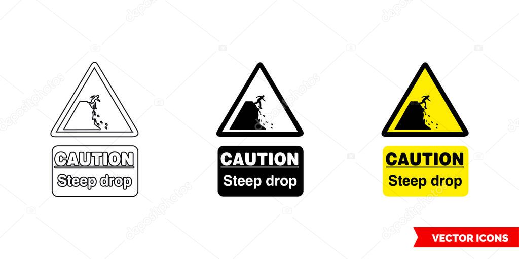 Caution steep drop hazard sign icon of 3 types color, black and white, outline.Isolated vector sign symbol.