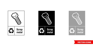 Hurda metal geri dönüşüm simgesi 3 tip renk, siyah ve beyaz, dış hat. İzole vektör simgesi..