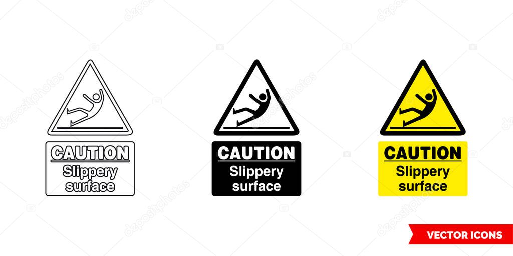 Caution slippery surface warning sign icon of 3 types color, black and white, outline.Isolated vector sign symbol.