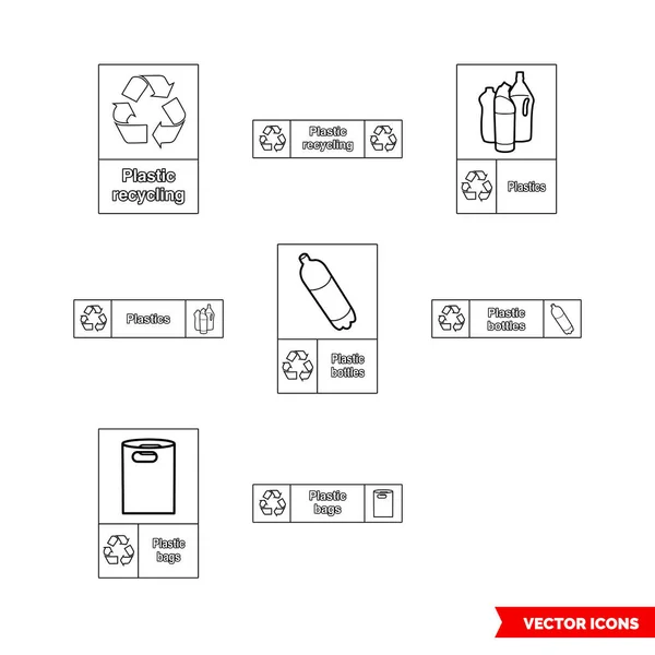 Plastik geri dönüşüm tabelaları taslak tiplerinin simgesi. İzole vektör işareti simgeleri. Simge paketi.