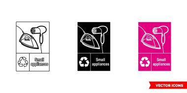 Küçük aletler demir ve saç kurutma sembolü geri dönüşüm simgesi simgesi. 3 tip renk, siyah beyaz, dış hat. İzole vektör işareti..