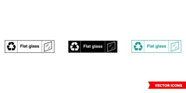 Düz cam peyzaj geri dönüşüm simgesi. 3 tip renk, siyah beyaz, dış hat. İzole vektör işareti..
