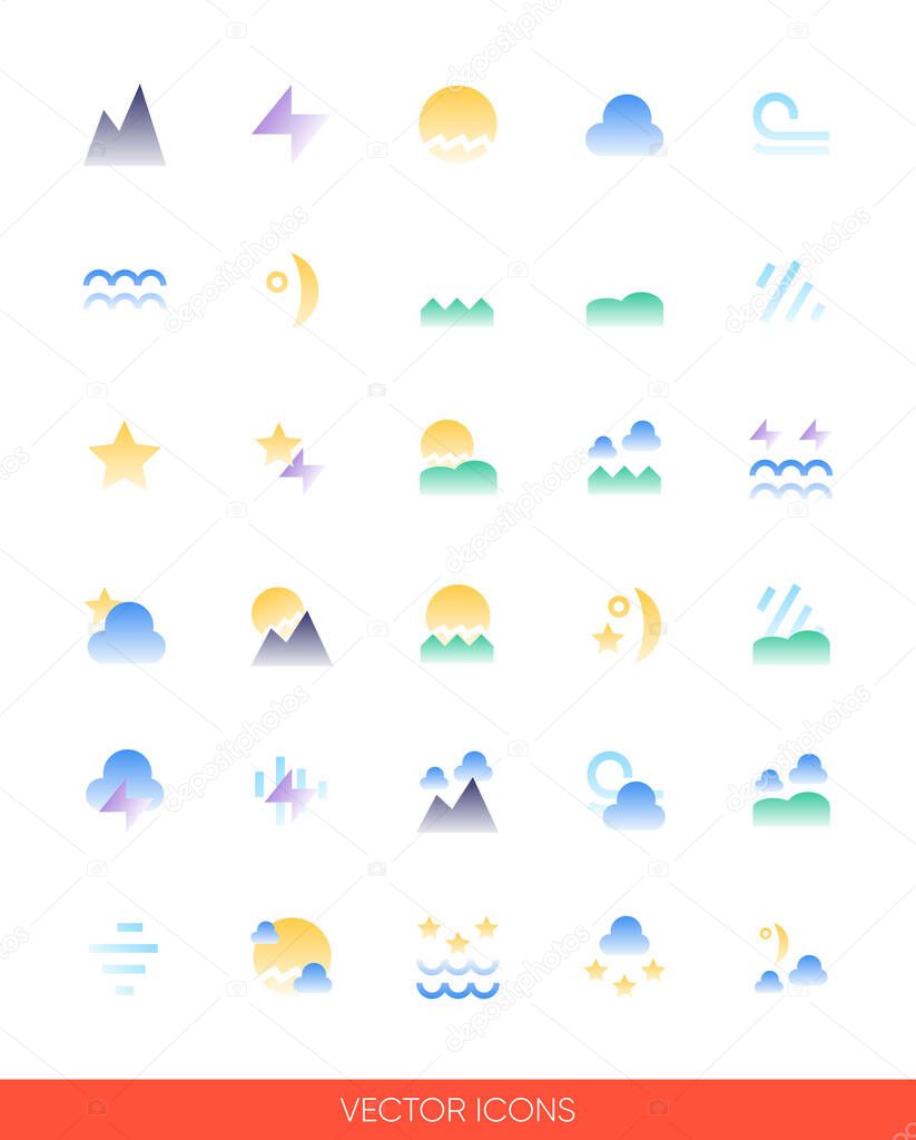Weather icon set of color types. Isolated vector sign symbols.Icon pack.